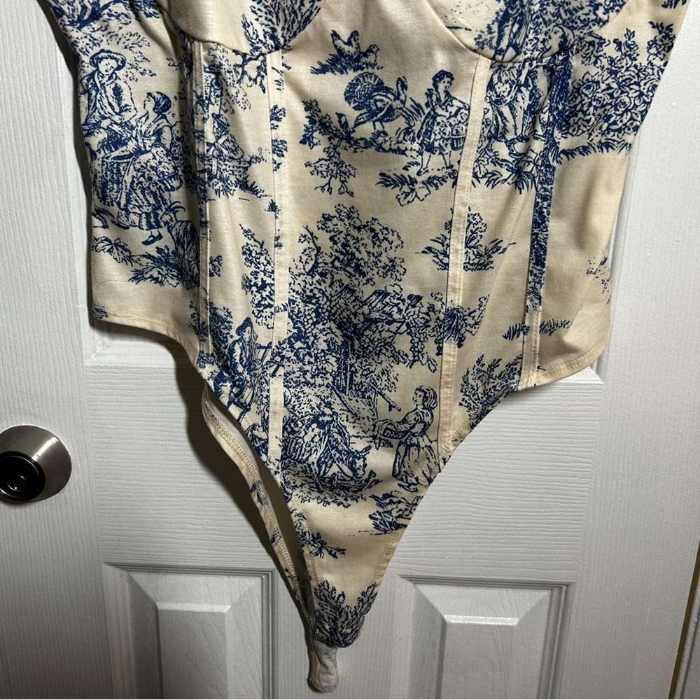 Cider Corset 1XL Bodysuit Toile Print Blue White Bustier Top Cottagecore - Picture 12 of 12